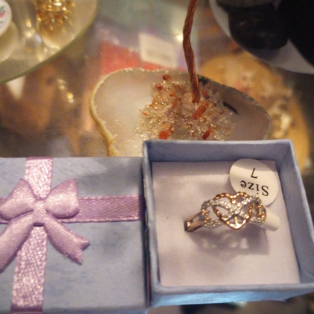 Cubic zirconia Anchor heart infinity ring sz 7 rose and silver New tag boxed!